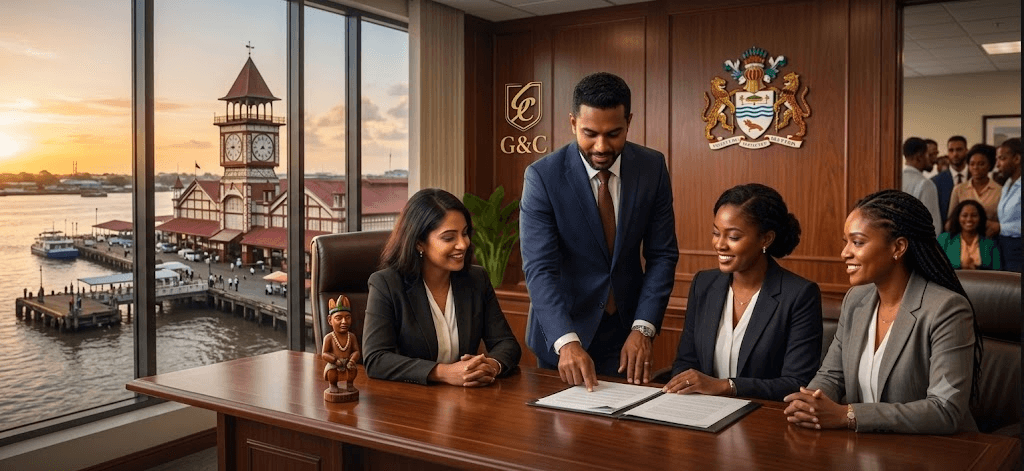Gunraj & Co. attorneys in a Georgetown office overlooking the Stabroek Market waterfront